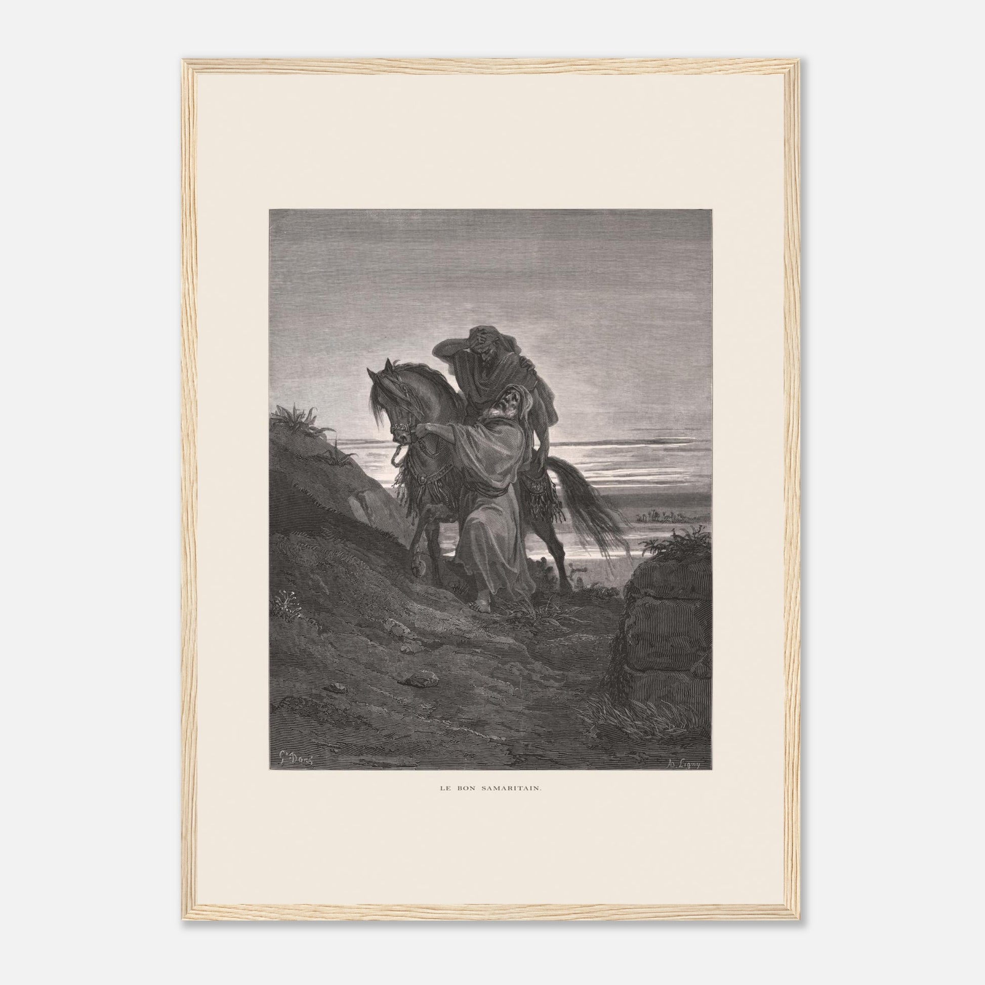 Le Bon Samaritain sur la route – Gravure de Gustave Doré (42x59,4 cm (A2) / Cadre bois clair). Œuvre de Gustave Doré représentant le Bon Samaritain, où un homme à cheval aide un blessé sur une route rocailleuse.
