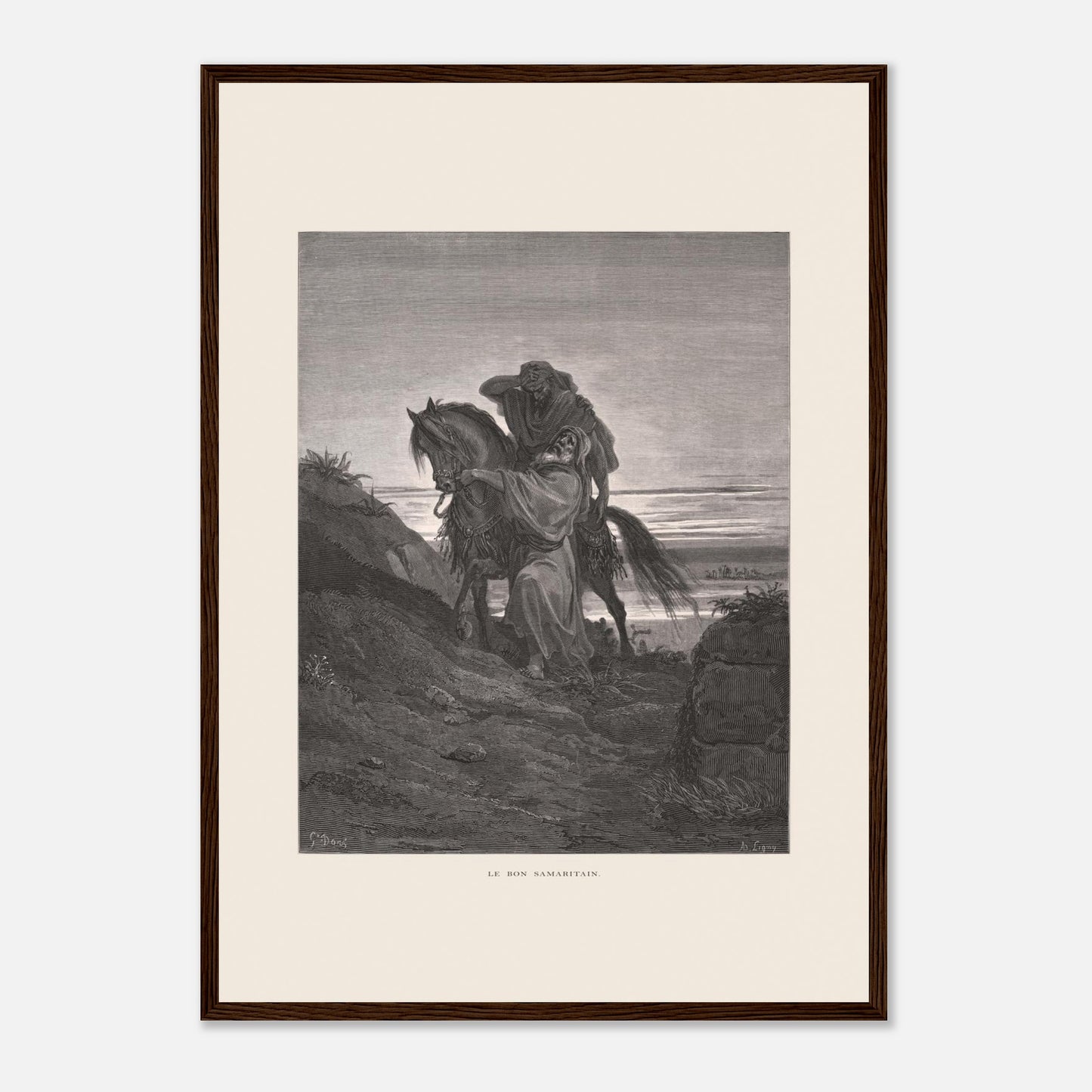 Le Bon Samaritain sur la route – Gravure de Gustave Doré (42x59,4 cm (A2) / Cadre bois foncé). Œuvre de Gustave Doré représentant le Bon Samaritain, où un homme à cheval aide un blessé sur une route rocailleuse.