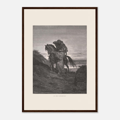Le Bon Samaritain sur la route – Gravure de Gustave Doré (42x59,4 cm (A2) / Cadre bois foncé). Œuvre de Gustave Doré représentant le Bon Samaritain, où un homme à cheval aide un blessé sur une route rocailleuse.