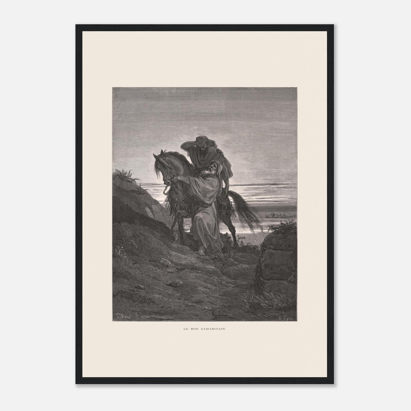 Le Bon Samaritain sur la route – Gravure de Gustave Doré (42x59,4 cm (A2) / Cadre noir). Œuvre de Gustave Doré représentant le Bon Samaritain, où un homme à cheval aide un blessé sur une route rocailleuse.