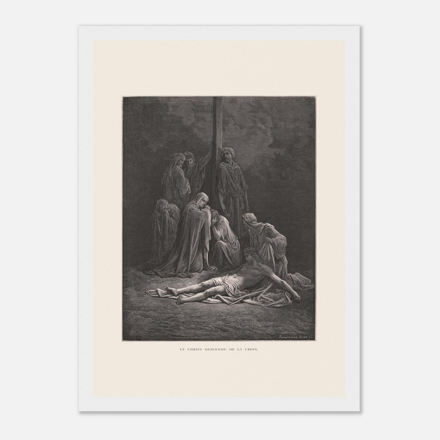 Le Christ descendu de la croix – Gravure de Gustave Doré (21x29,7 cm (A4) / Cadre blanc). Gravure de Gustave Doré montrant le Christ descendu de la croix, entouré de figures endeuillées.