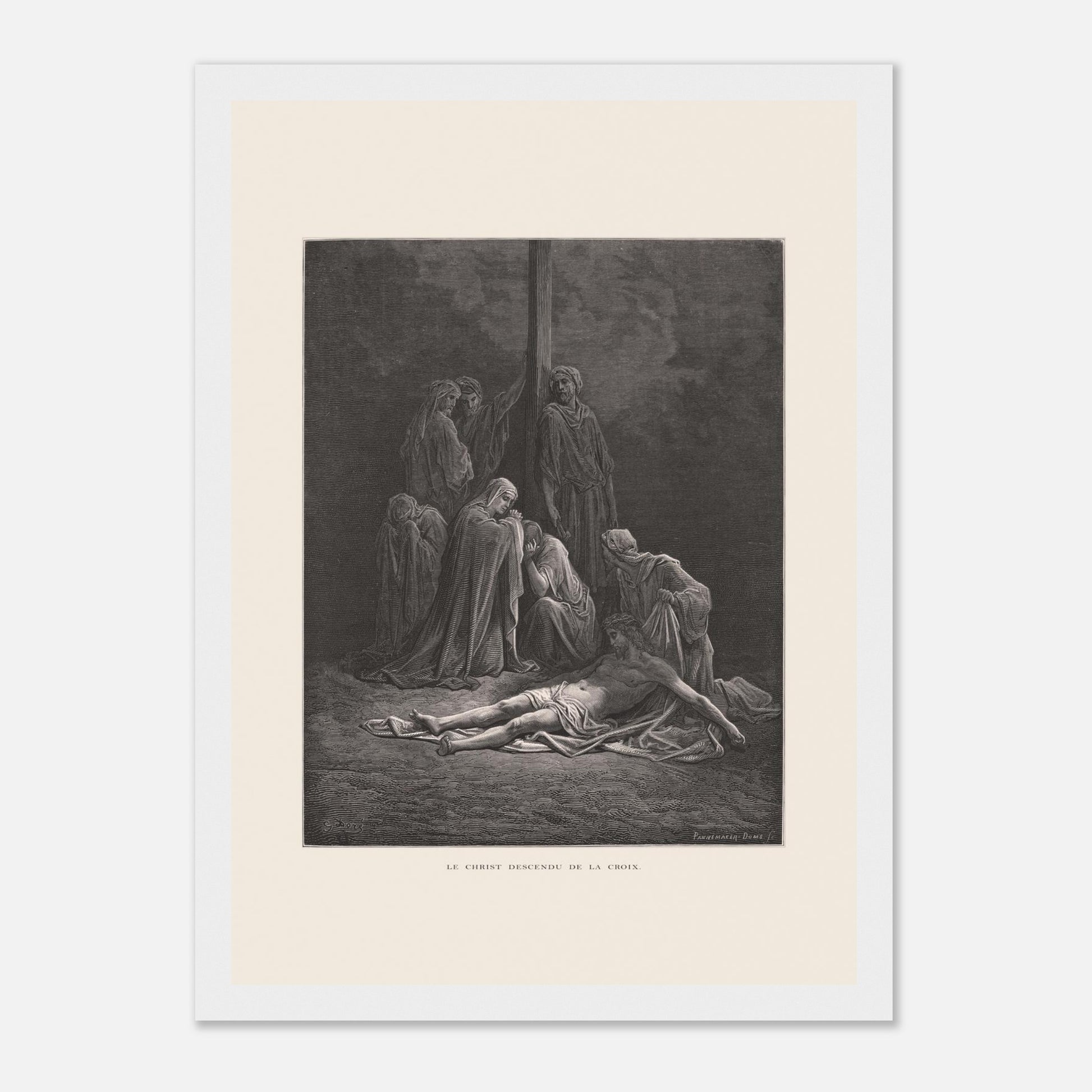 Le Christ descendu de la croix – Gravure de Gustave Doré (21x29,7 cm (A4) / Cadre blanc). Gravure de Gustave Doré montrant le Christ descendu de la croix, entouré de figures endeuillées.