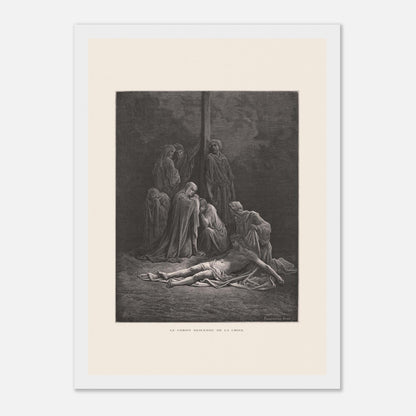 Le Christ descendu de la croix – Gravure de Gustave Doré (21x29,7 cm (A4) / Cadre blanc). Gravure de Gustave Doré montrant le Christ descendu de la croix, entouré de figures endeuillées.