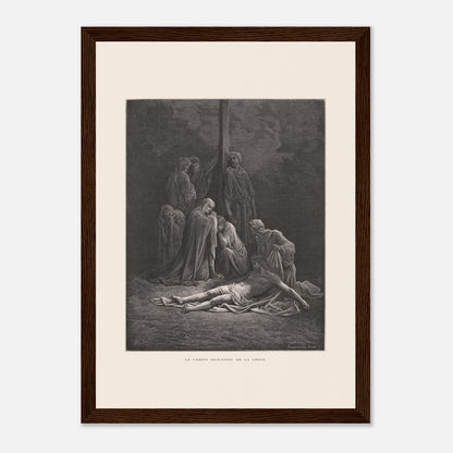 Le Christ descendu de la croix – Gravure de Gustave Doré (21x29,7 cm (A4) / Cadre bois foncé). Gravure de Gustave Doré montrant le Christ descendu de la croix, entouré de figures endeuillées.