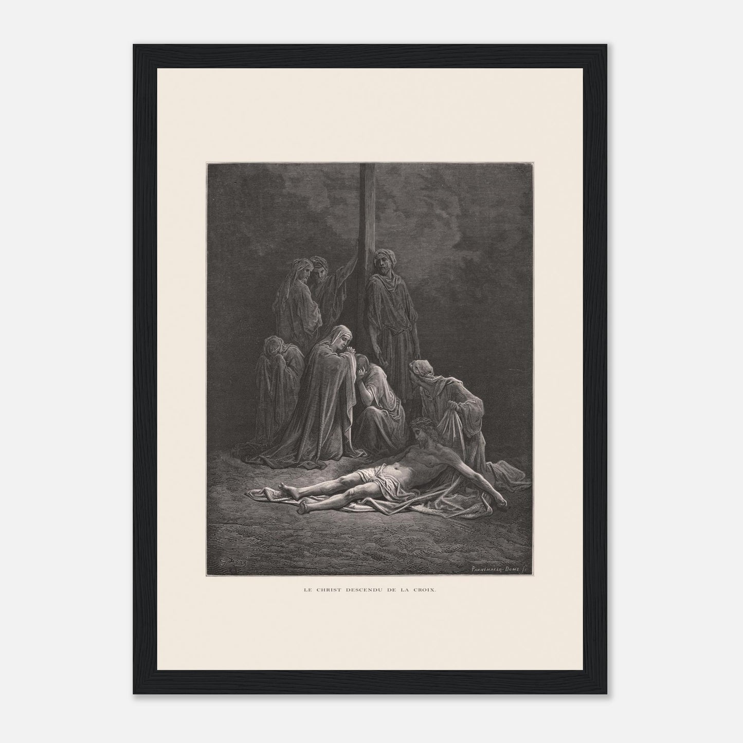 Le Christ descendu de la croix – Gravure de Gustave Doré (21x29,7 cm (A4) / Cadre noir). Gravure de Gustave Doré montrant le Christ descendu de la croix, entouré de figures endeuillées.