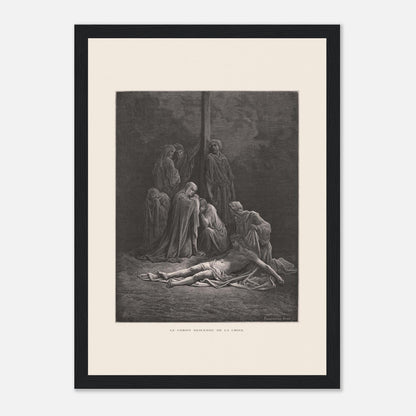 Le Christ descendu de la croix – Gravure de Gustave Doré (21x29,7 cm (A4) / Cadre noir). Gravure de Gustave Doré montrant le Christ descendu de la croix, entouré de figures endeuillées.