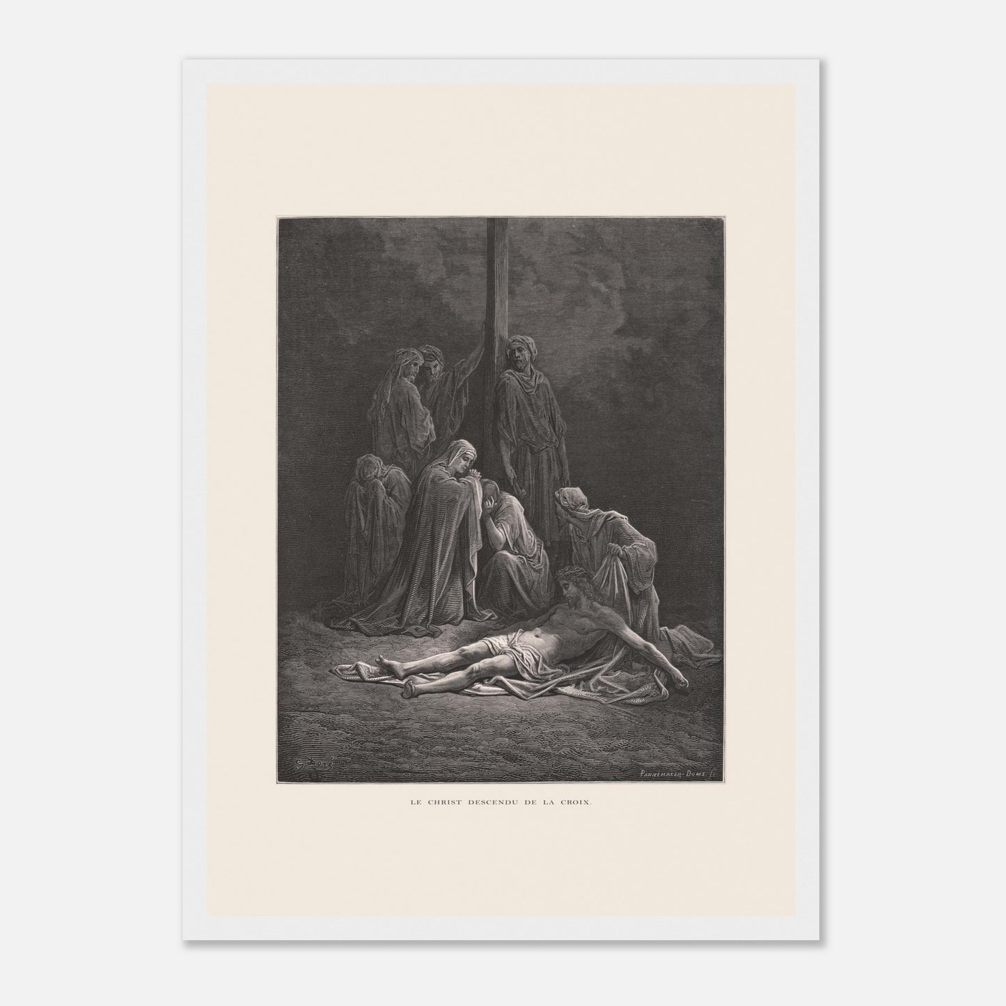 Le Christ descendu de la croix – Gravure de Gustave Doré (29,7x42 cm (A3) / Cadre blanc). Gravure de Gustave Doré montrant le Christ descendu de la croix, entouré de figures endeuillées.