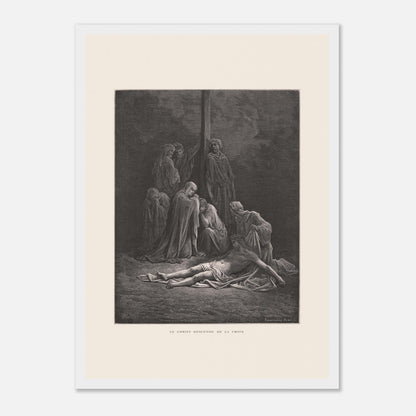 Le Christ descendu de la croix – Gravure de Gustave Doré (29,7x42 cm (A3) / Cadre blanc). Gravure de Gustave Doré montrant le Christ descendu de la croix, entouré de figures endeuillées.