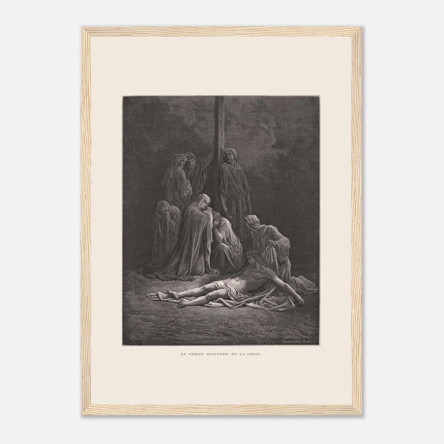 Le Christ descendu de la croix – Gravure de Gustave Doré (29,7x42 cm (A3) / Cadre bois clair). Gravure de Gustave Doré montrant le Christ descendu de la croix, entouré de figures endeuillées.