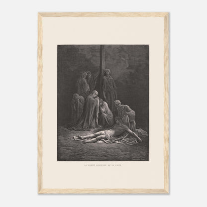Le Christ descendu de la croix – Gravure de Gustave Doré (29,7x42 cm (A3) / Cadre bois clair). Gravure de Gustave Doré montrant le Christ descendu de la croix, entouré de figures endeuillées.