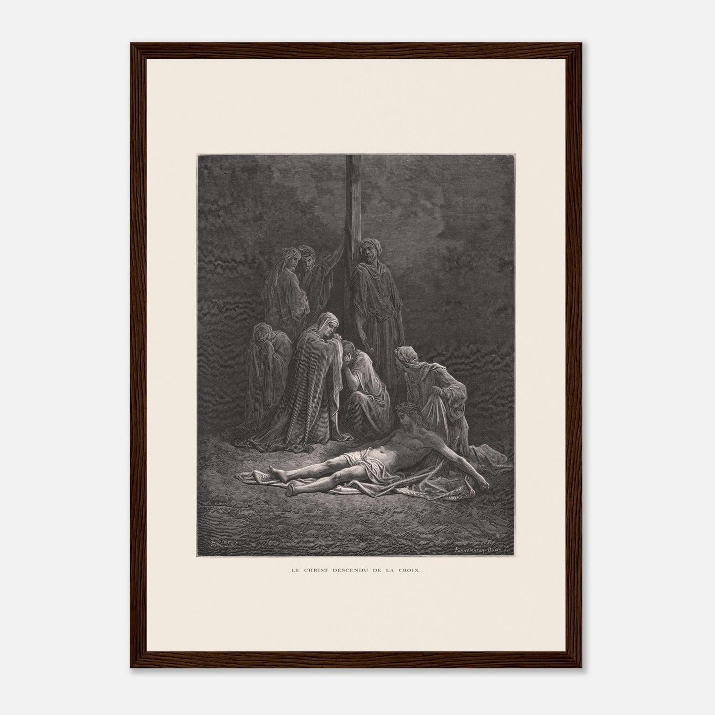 Le Christ descendu de la croix – Gravure de Gustave Doré (29,7x42 cm (A3) / Cadre bois foncé). Gravure de Gustave Doré montrant le Christ descendu de la croix, entouré de figures endeuillées.