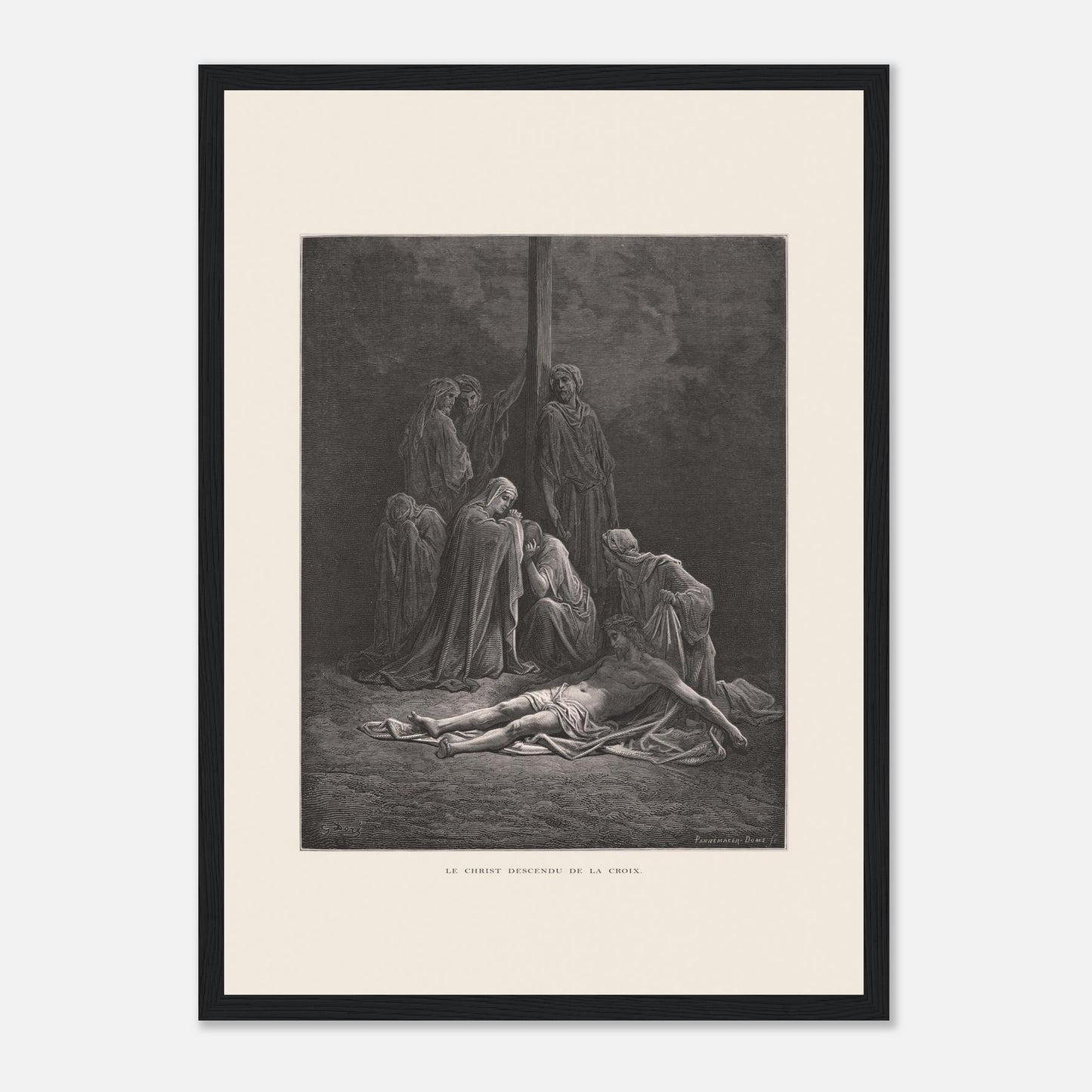 Le Christ descendu de la croix – Gravure de Gustave Doré (29,7x42 cm (A3) / Cadre noir). Gravure de Gustave Doré montrant le Christ descendu de la croix, entouré de figures endeuillées.