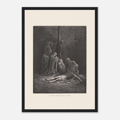 Le Christ descendu de la croix – Gravure de Gustave Doré (29,7x42 cm (A3) / Cadre noir). Gravure de Gustave Doré montrant le Christ descendu de la croix, entouré de figures endeuillées.