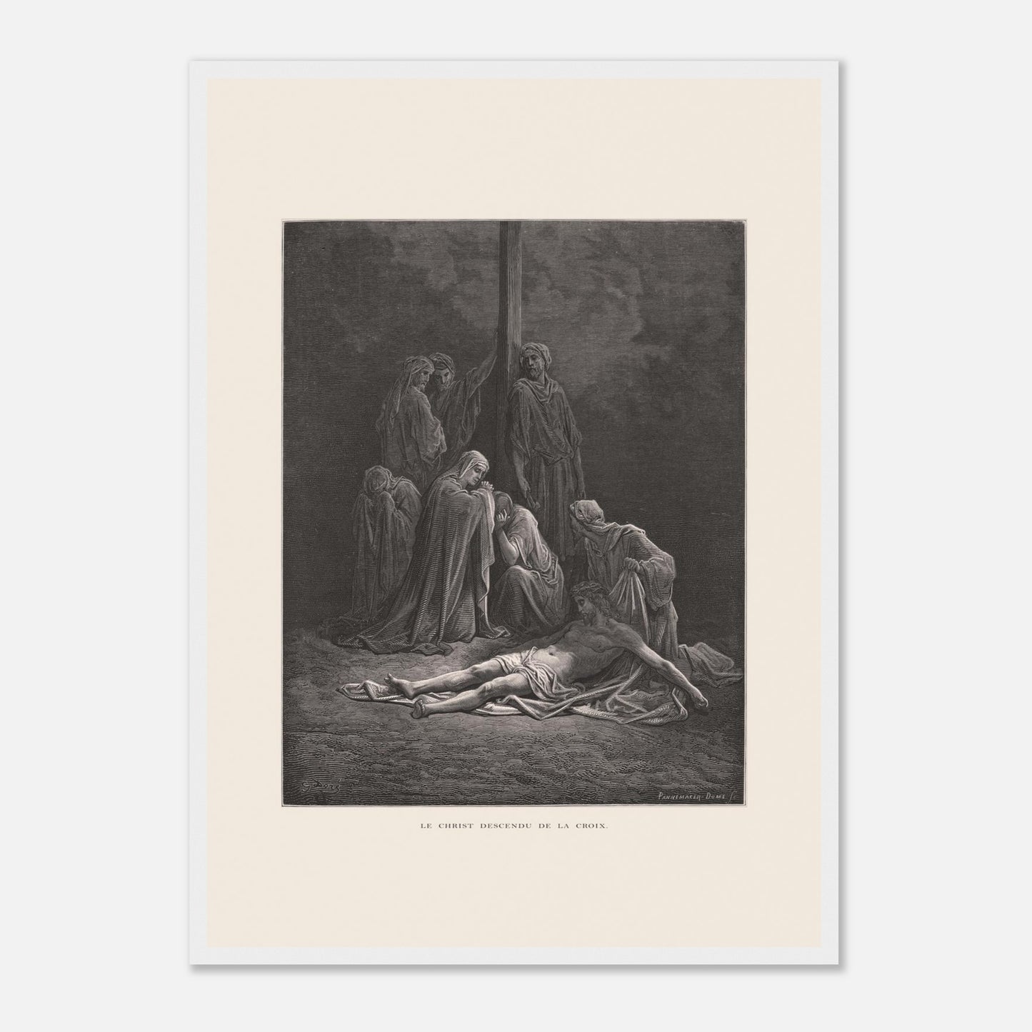 Le Christ descendu de la croix – Gravure de Gustave Doré (42x59,4 cm (A2) / Cadre blanc). Gravure de Gustave Doré montrant le Christ descendu de la croix, entouré de figures endeuillées.