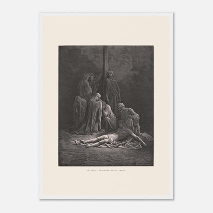 Le Christ descendu de la croix – Gravure de Gustave Doré (42x59,4 cm (A2) / Cadre blanc). Gravure de Gustave Doré montrant le Christ descendu de la croix, entouré de figures endeuillées.
