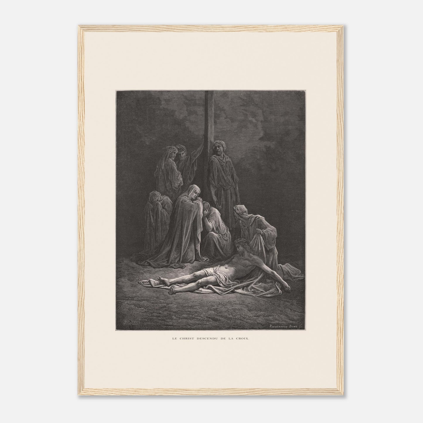 Le Christ descendu de la croix – Gravure de Gustave Doré (42x59,4 cm (A2) / Cadre bois clair). Gravure de Gustave Doré montrant le Christ descendu de la croix, entouré de figures endeuillées.