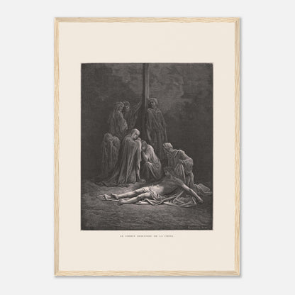 Le Christ descendu de la croix – Gravure de Gustave Doré (42x59,4 cm (A2) / Cadre bois clair). Gravure de Gustave Doré montrant le Christ descendu de la croix, entouré de figures endeuillées.