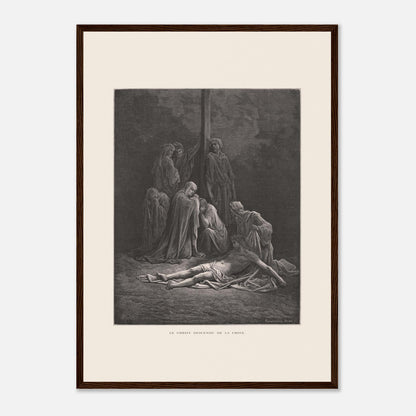 Le Christ descendu de la croix – Gravure de Gustave Doré (42x59,4 cm (A2) / Cadre bois foncé). Gravure de Gustave Doré montrant le Christ descendu de la croix, entouré de figures endeuillées.
