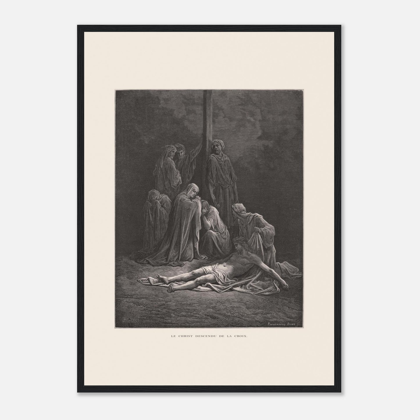 Le Christ descendu de la croix – Gravure de Gustave Doré (42x59,4 cm (A2) / Cadre noir). Gravure de Gustave Doré montrant le Christ descendu de la croix, entouré de figures endeuillées.