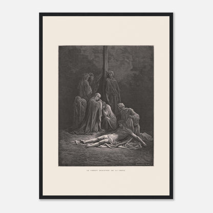Le Christ descendu de la croix – Gravure de Gustave Doré (42x59,4 cm (A2) / Cadre noir). Gravure de Gustave Doré montrant le Christ descendu de la croix, entouré de figures endeuillées.