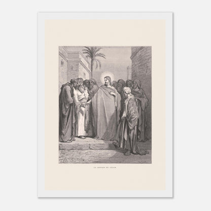 Le Denier de César, planche de Gustave Doré (1866) (21x29,7 cm (A4) / Cadre blanc). Gravure de Gustave Doré représentant le denier de César, où Jésus répond à une question en demandant de montrer un denier.