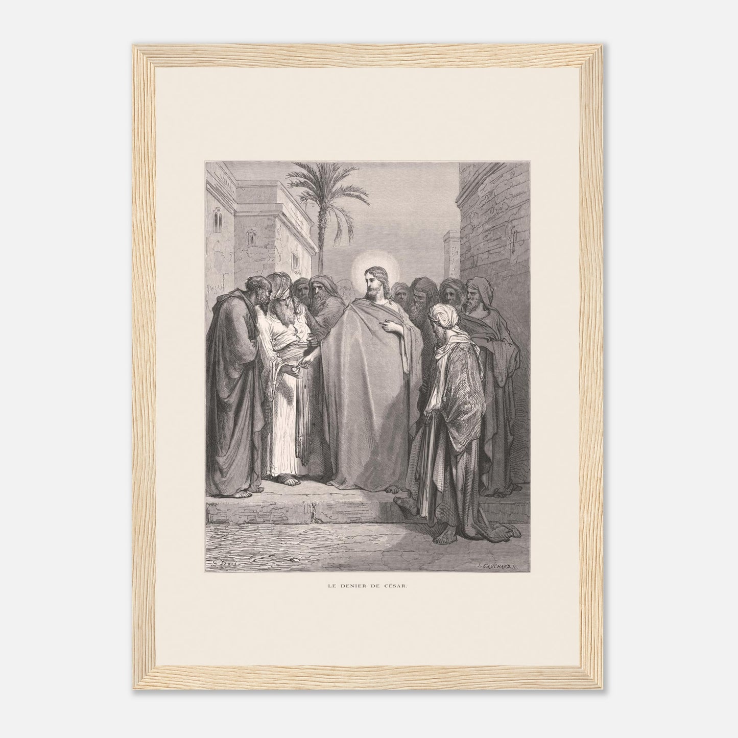 Le Denier de César, planche de Gustave Doré (1866) (21x29,7 cm (A4) / Cadre bois clair). Gravure de Gustave Doré représentant le denier de César, où Jésus répond à une question en demandant de montrer un denier.
