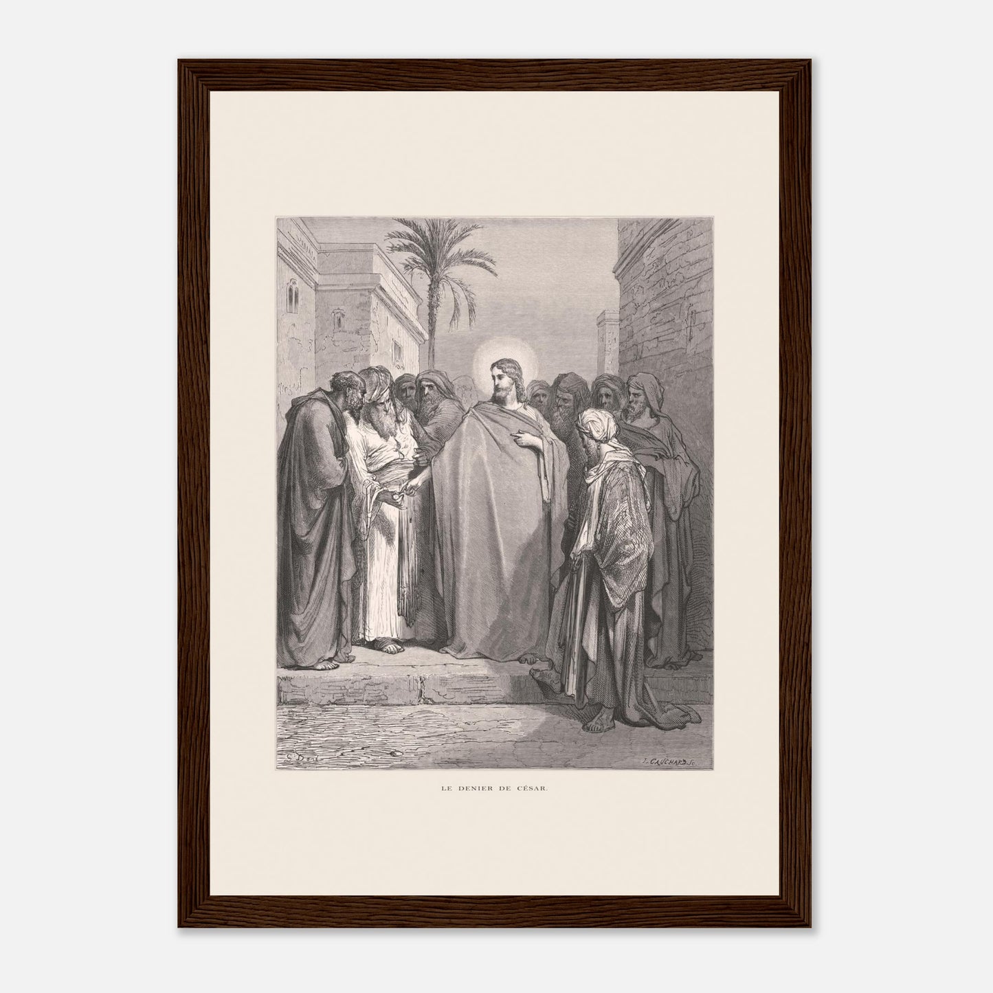 Le Denier de César, planche de Gustave Doré (1866) (21x29,7 cm (A4) / Cadre bois foncé). Gravure de Gustave Doré représentant le denier de César, où Jésus répond à une question en demandant de montrer un denier.