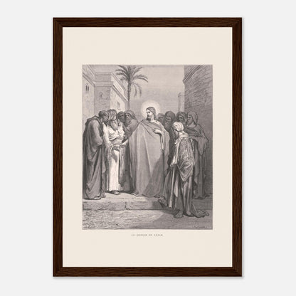 Le Denier de César, planche de Gustave Doré (1866) (21x29,7 cm (A4) / Cadre bois foncé). Gravure de Gustave Doré représentant le denier de César, où Jésus répond à une question en demandant de montrer un denier.
