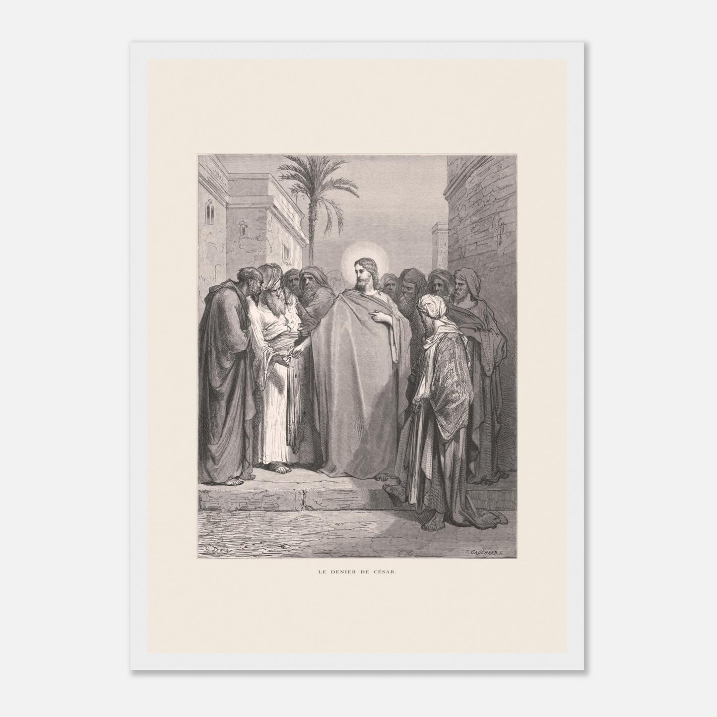 Le Denier de César, planche de Gustave Doré (1866) (29,7x42 cm (A3) / Cadre blanc). Gravure de Gustave Doré représentant le denier de César, où Jésus répond à une question en demandant de montrer un denier.