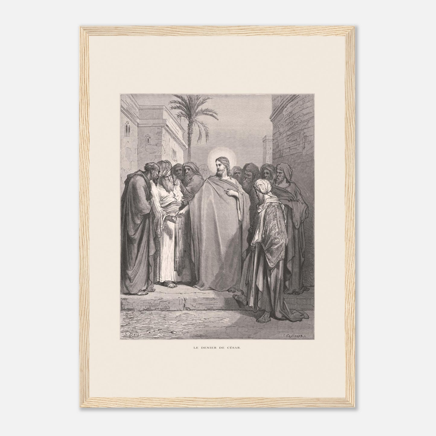 Le Denier de César, planche de Gustave Doré (1866) (29,7x42 cm (A3) / Cadre bois clair). Gravure de Gustave Doré représentant le denier de César, où Jésus répond à une question en demandant de montrer un denier.