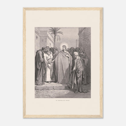 Le Denier de César, planche de Gustave Doré (1866) (29,7x42 cm (A3) / Cadre bois clair). Gravure de Gustave Doré représentant le denier de César, où Jésus répond à une question en demandant de montrer un denier.
