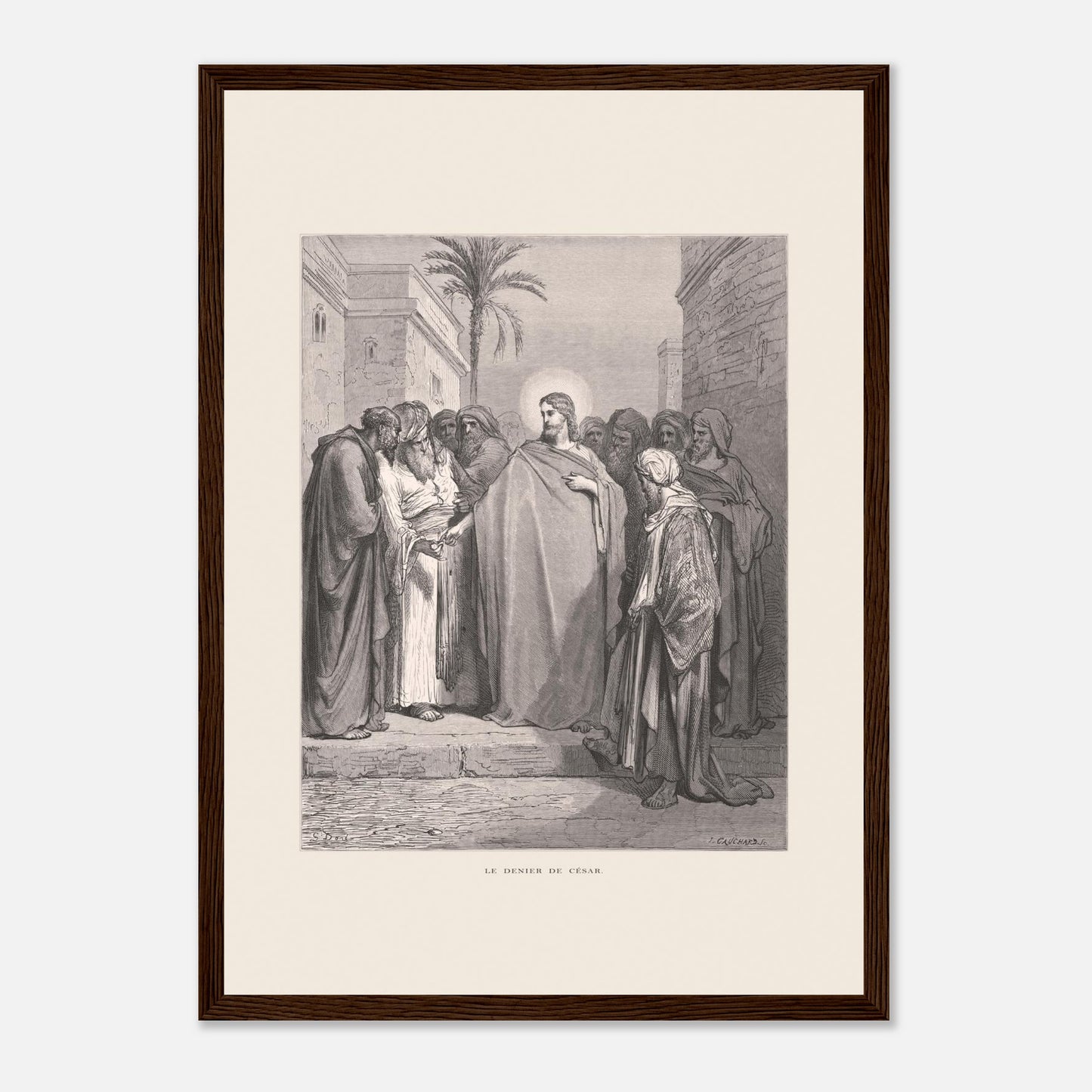 Le Denier de César, planche de Gustave Doré (1866) (29,7x42 cm (A3) / Cadre bois foncé). Gravure de Gustave Doré représentant le denier de César, où Jésus répond à une question en demandant de montrer un denier.