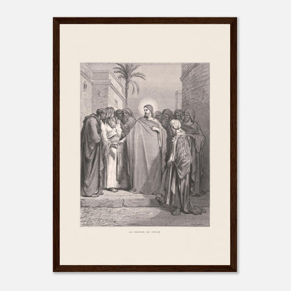 Le Denier de César, planche de Gustave Doré (1866) (29,7x42 cm (A3) / Cadre bois foncé). Gravure de Gustave Doré représentant le denier de César, où Jésus répond à une question en demandant de montrer un denier.