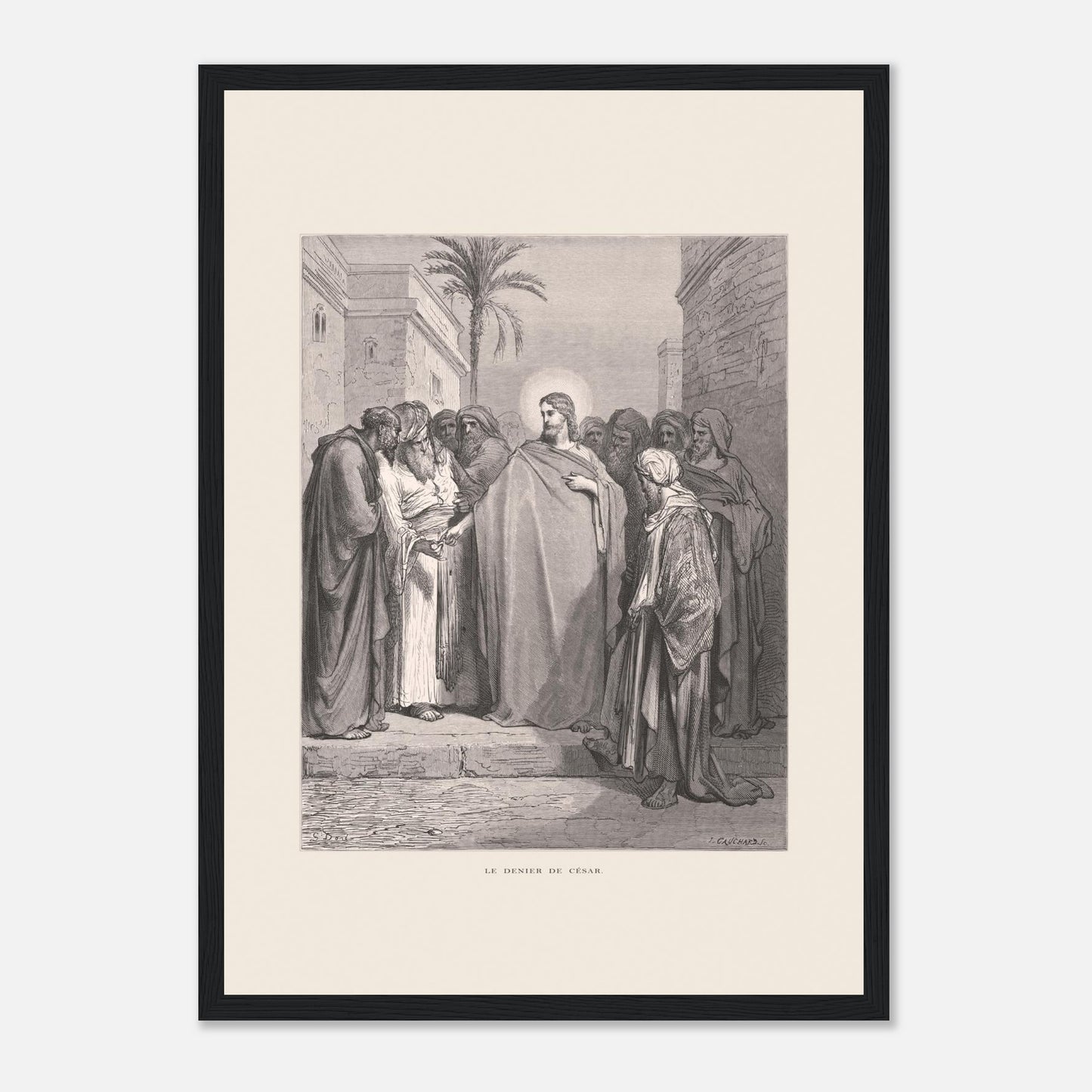 Le Denier de César, planche de Gustave Doré (1866) (29,7x42 cm (A3) / Cadre noir). Gravure de Gustave Doré représentant le denier de César, où Jésus répond à une question en demandant de montrer un denier.