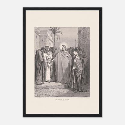 Le Denier de César, planche de Gustave Doré (1866) (29,7x42 cm (A3) / Cadre noir). Gravure de Gustave Doré représentant le denier de César, où Jésus répond à une question en demandant de montrer un denier.