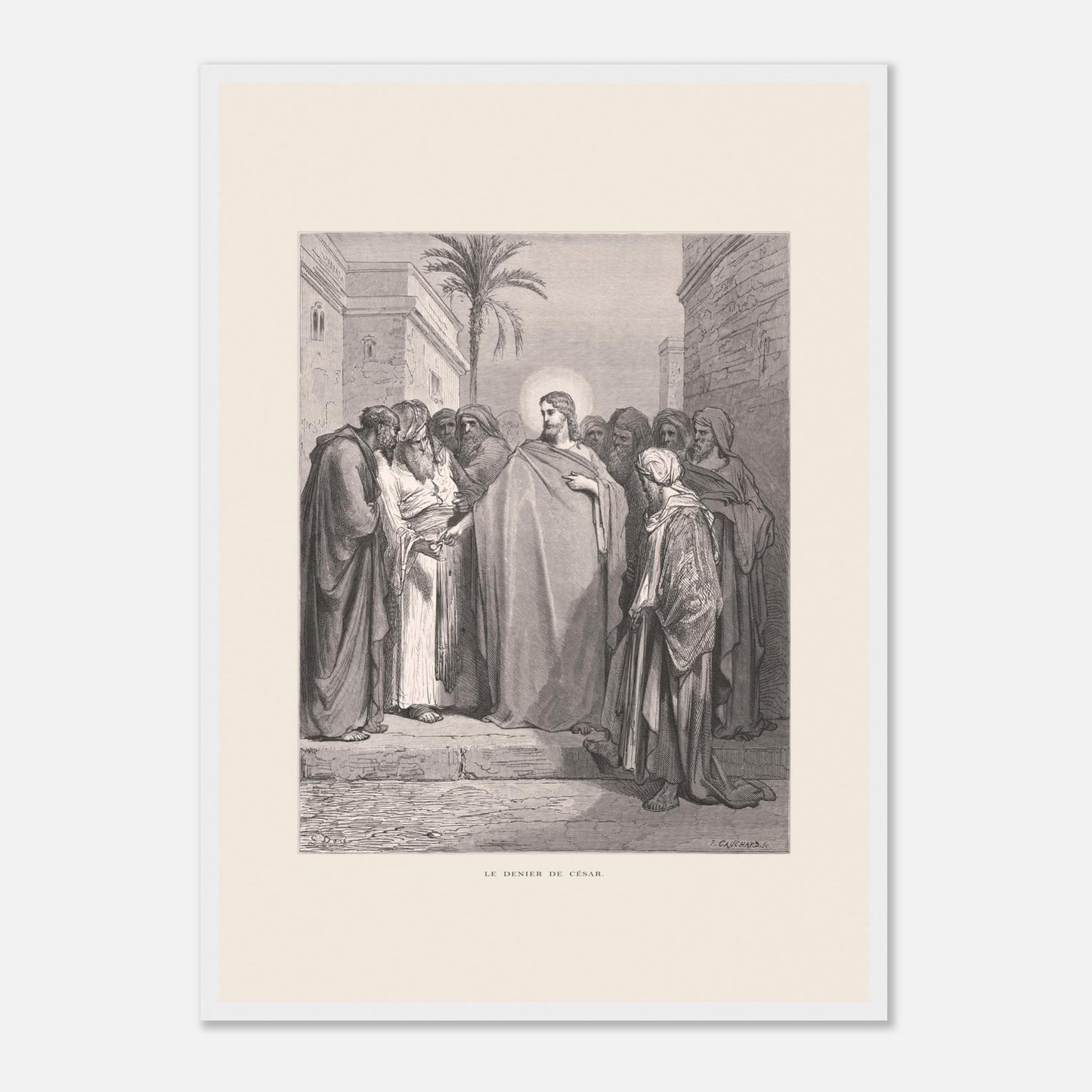 Le Denier de César, planche de Gustave Doré (1866) (42x59,4 cm (A2) / Cadre blanc). Gravure de Gustave Doré représentant le denier de César, où Jésus répond à une question en demandant de montrer un denier.