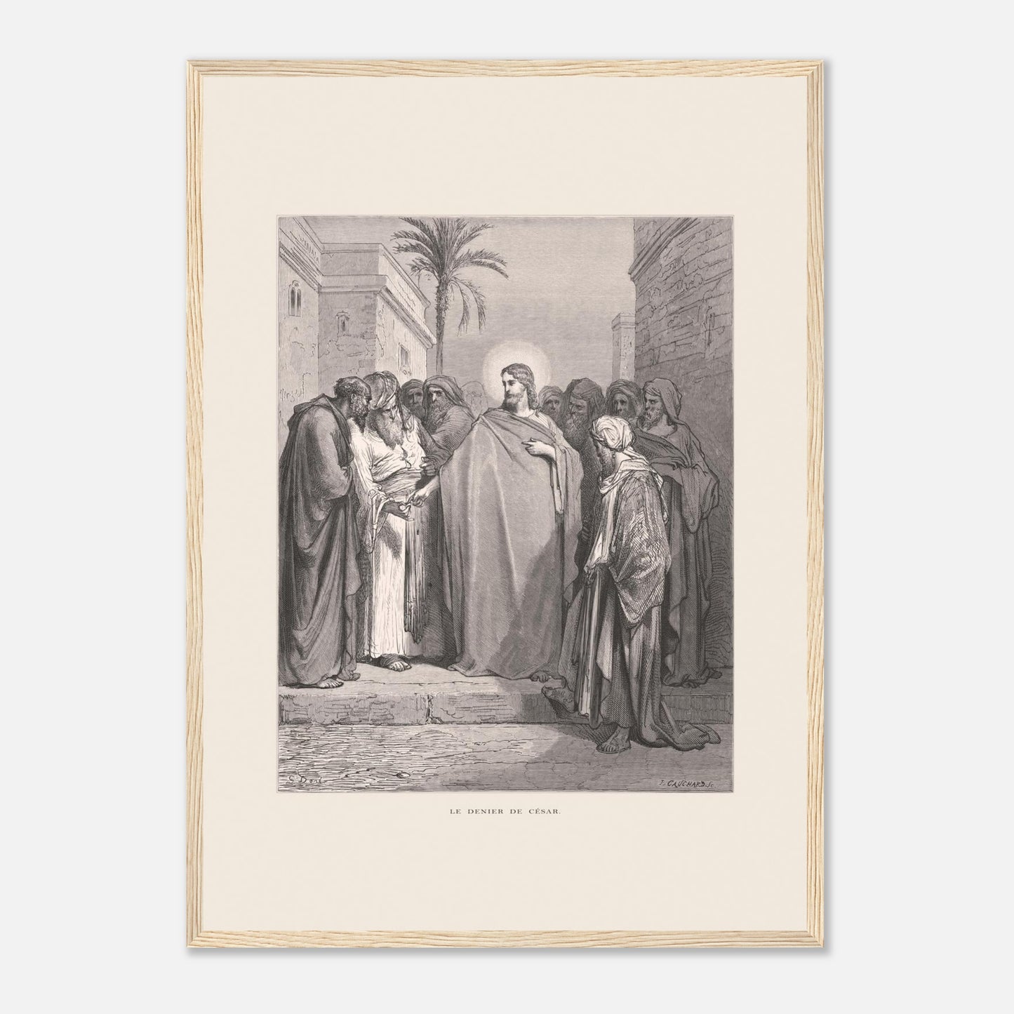 Le Denier de César, planche de Gustave Doré (1866) (42x59,4 cm (A2) / Cadre bois clair). Gravure de Gustave Doré représentant le denier de César, où Jésus répond à une question en demandant de montrer un denier.