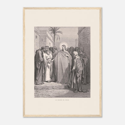 Le Denier de César, planche de Gustave Doré (1866) (42x59,4 cm (A2) / Cadre bois clair). Gravure de Gustave Doré représentant le denier de César, où Jésus répond à une question en demandant de montrer un denier.