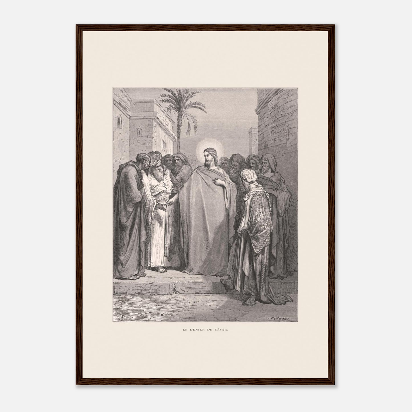 Le Denier de César, planche de Gustave Doré (1866) (42x59,4 cm (A2) / Cadre bois foncé). Gravure de Gustave Doré représentant le denier de César, où Jésus répond à une question en demandant de montrer un denier.