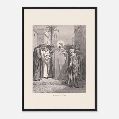 Le Denier de César, planche de Gustave Doré (1866) (42x59,4 cm (A2) / Cadre noir). Gravure de Gustave Doré représentant le denier de César, où Jésus répond à une question en demandant de montrer un denier.