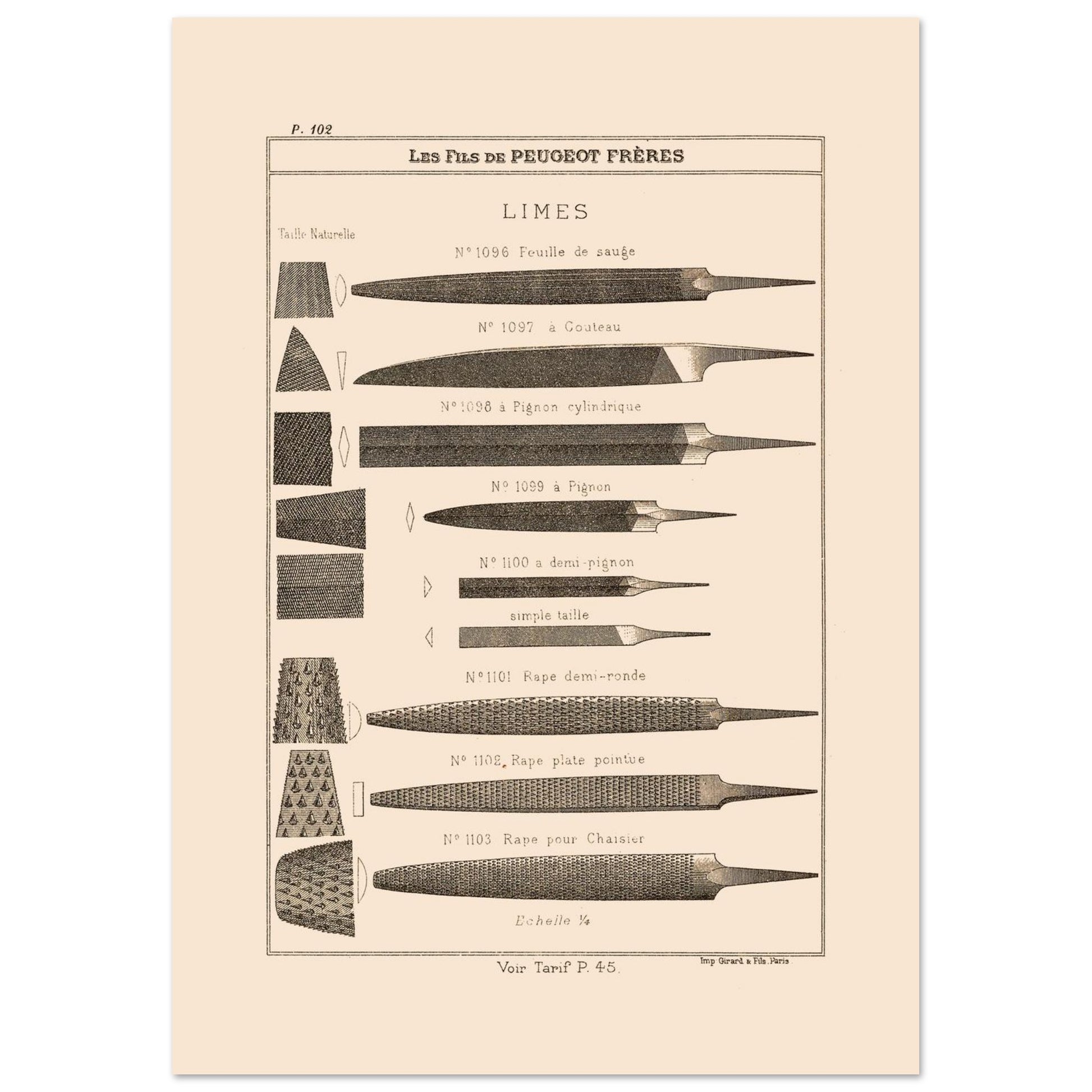 Planche de limes et râpes de précision, catalogue Peugeot Frères 1885 (29,7x42 cm (A3)). Planche illustrant différents types de limes et de râpes, de formes et de tailles variées, avec des exemples de leur taillages.