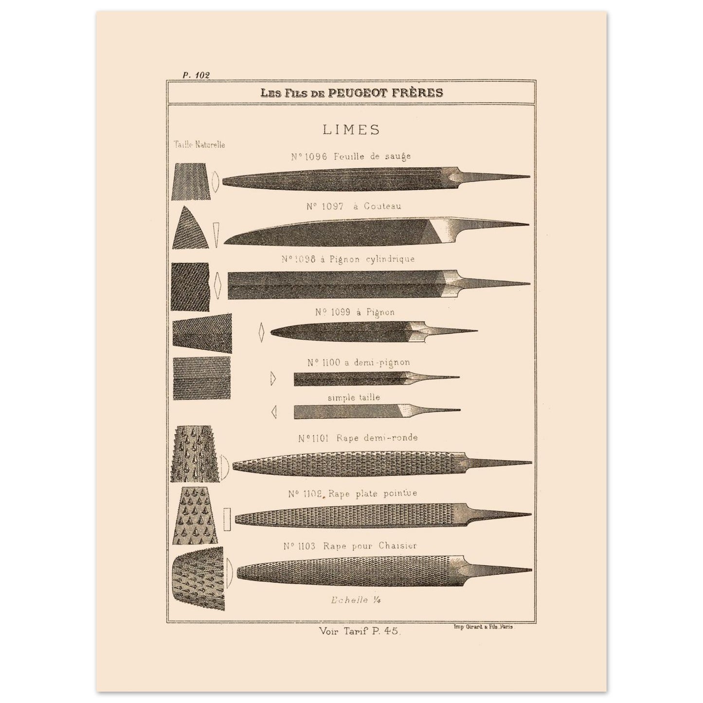 Planche de limes et râpes de précision, catalogue Peugeot Frères 1885 (30x40 cm). Planche illustrant différents types de limes et de râpes, de formes et de tailles variées, avec des exemples de leur taillages.