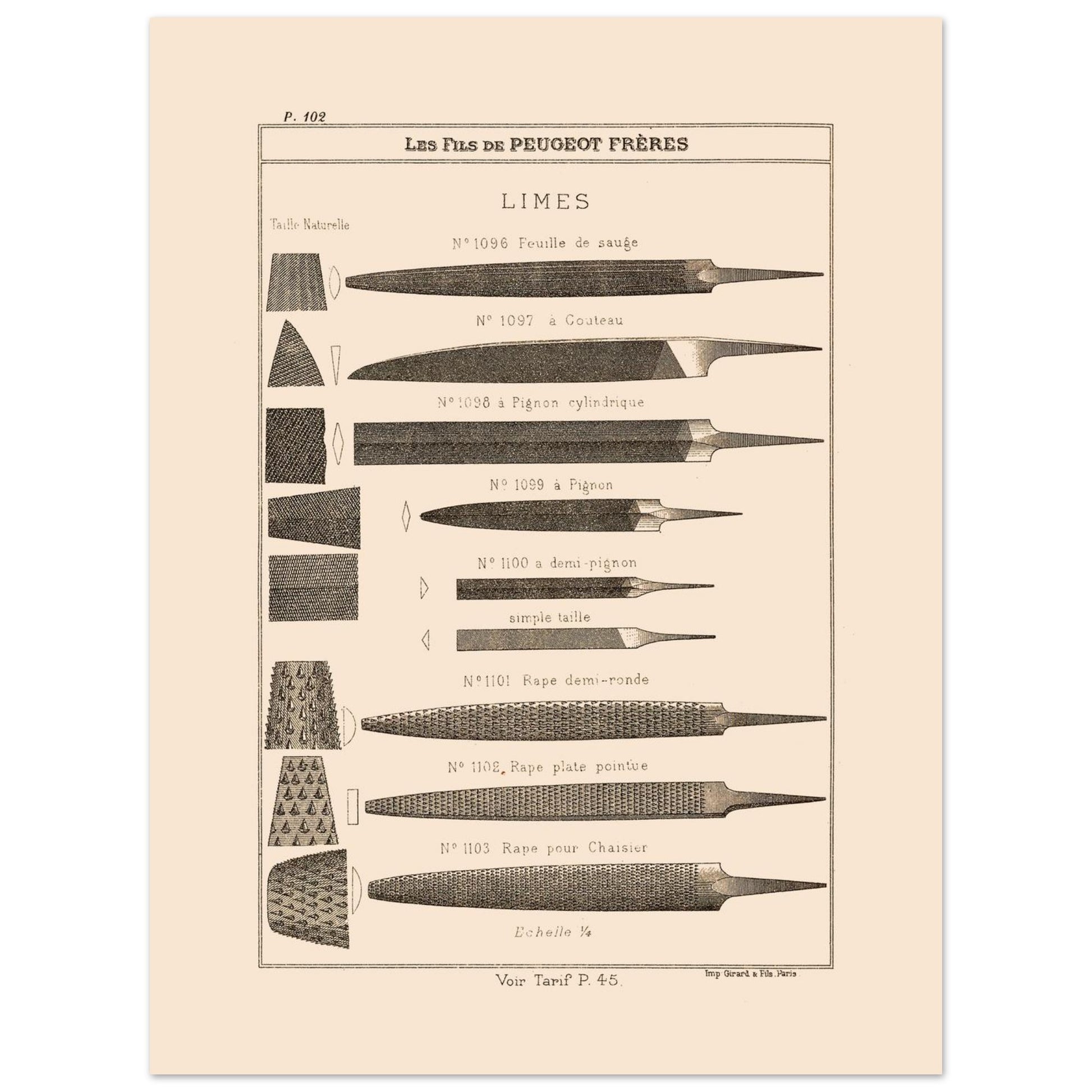 Planche de limes et râpes de précision, catalogue Peugeot Frères 1885 (30x40 cm). Planche illustrant différents types de limes et de râpes, de formes et de tailles variées, avec des exemples de leur taillages.