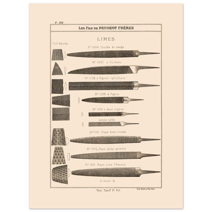 Planche de limes et râpes de précision, catalogue Peugeot Frères 1885 (30x40 cm). Planche illustrant différents types de limes et de râpes, de formes et de tailles variées, avec des exemples de leur taillages.