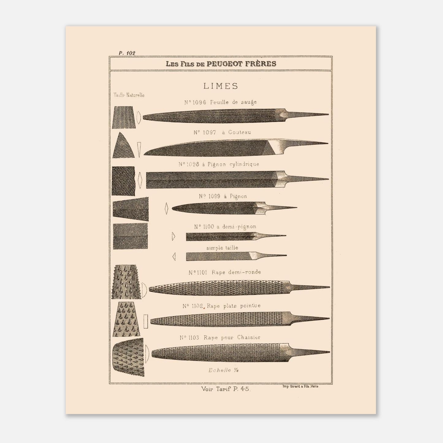 Planche de limes et râpes de précision, catalogue Peugeot Frères 1885. Planche illustrant différents types de limes et de râpes, de formes et de tailles variées, avec des exemples de leur taillages. Image d'illustration 4