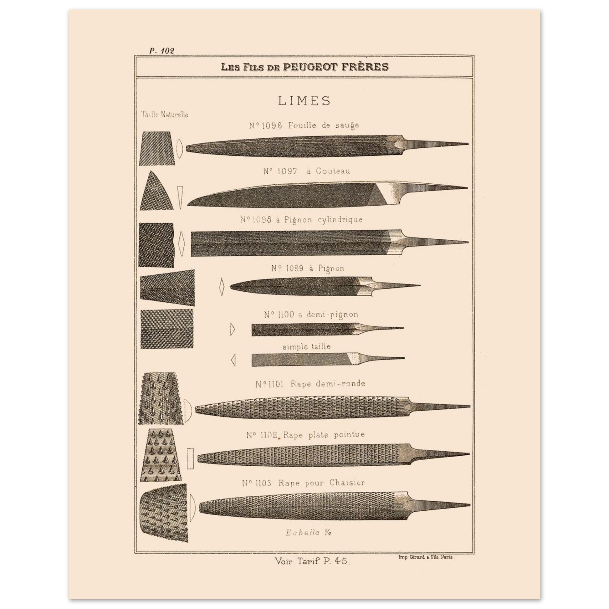 Planche de limes et râpes de précision, catalogue Peugeot Frères 1885 (40x50 cm). Planche illustrant différents types de limes et de râpes, de formes et de tailles variées, avec des exemples de leur taillages.