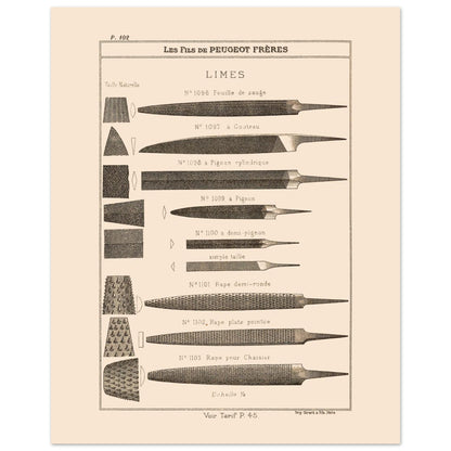 Planche de limes et râpes de précision, catalogue Peugeot Frères 1885 (40x50 cm). Planche illustrant différents types de limes et de râpes, de formes et de tailles variées, avec des exemples de leur taillages.