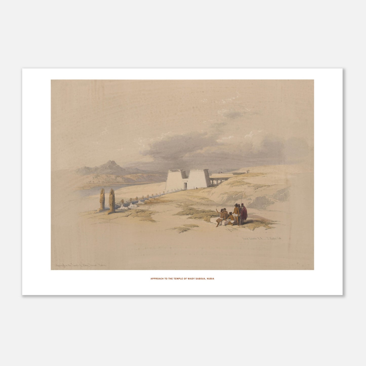 Lithographie Approche du temple de Wadi Saboua, Nubie - David Roberts (21x29,7 cm / A4). Lithographie de David Roberts montrant une vue d'ensemble de l'approche du temple de Wadi Saboua en Nubie, avec des figures humaines et des palmiers sur un paysage désertique.