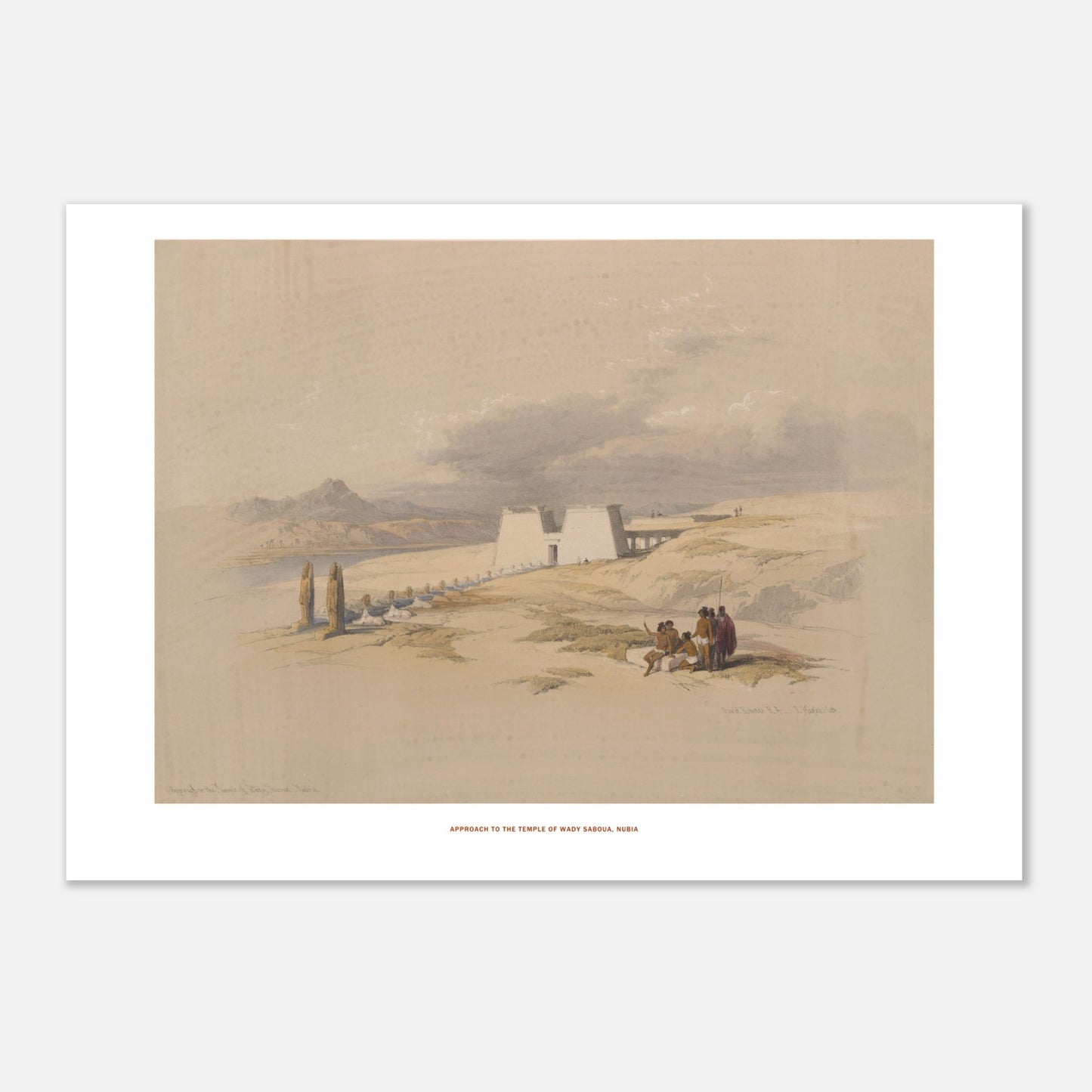 Lithographie Approche du temple de Wadi Saboua, Nubie - David Roberts (29,7x42 cm / A3). Lithographie de David Roberts montrant une vue d'ensemble de l'approche du temple de Wadi Saboua en Nubie, avec des figures humaines et des palmiers sur un paysage désertique.