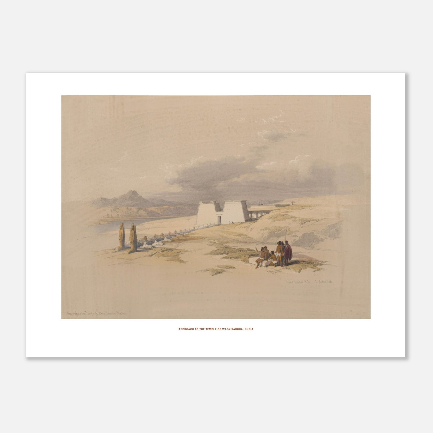Lithographie Approche du temple de Wadi Saboua, Nubie - David Roberts (30x40 cm). Lithographie de David Roberts montrant une vue d'ensemble de l'approche du temple de Wadi Saboua en Nubie, avec des figures humaines et des palmiers sur un paysage désertique.
